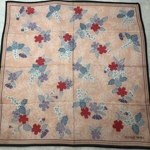 Vtg HANAE MORI Scarf Handkerchief Floral Blossom Cotton Peach Red Blue 16.5"